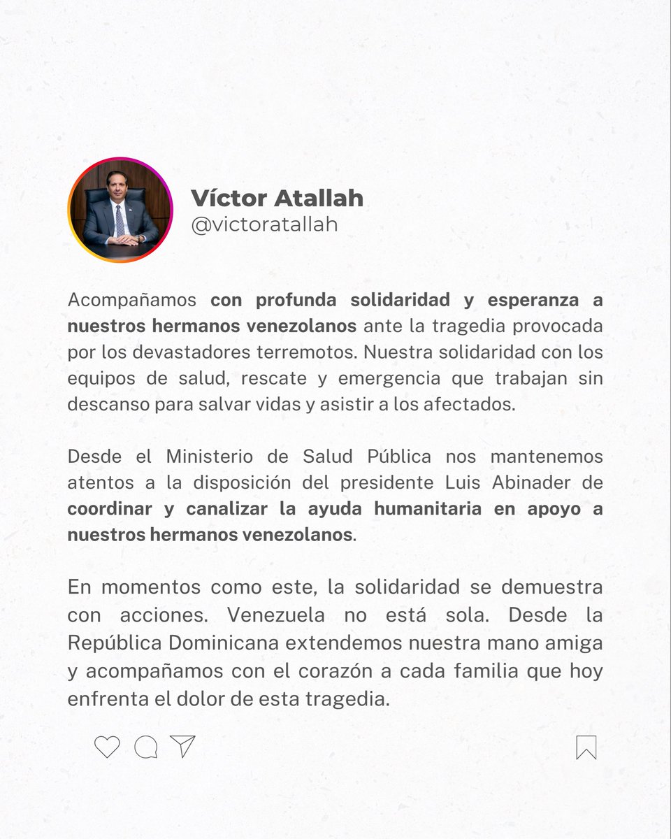 vicatallah's tweet photo. Acompañamos con profunda solidaridad y esperanza a nuestros hermanos venezolanos ante la tragedia provocada por los devastadores terremotos. Nuestra solidaridad con los equipos de salud, rescate y emergencia que trabajan sin descanso para salvar vidas y asistir a los afectados.

Desde el Ministerio de Salud Pública nos mantenemos atentos a la disposición del presidente Luis Abinader de coordinar y canalizar la ayuda humanitaria en apoyo a nuestros hermanos venezolanos.

En momentos como este, la solidaridad se demuestra con acciones. Venezuela no está sola. Desde la República Dominicana extendemos nuestra mano amiga y acompañamos con el corazón a cada familia que hoy enfrenta el dolor de esta tragedia.