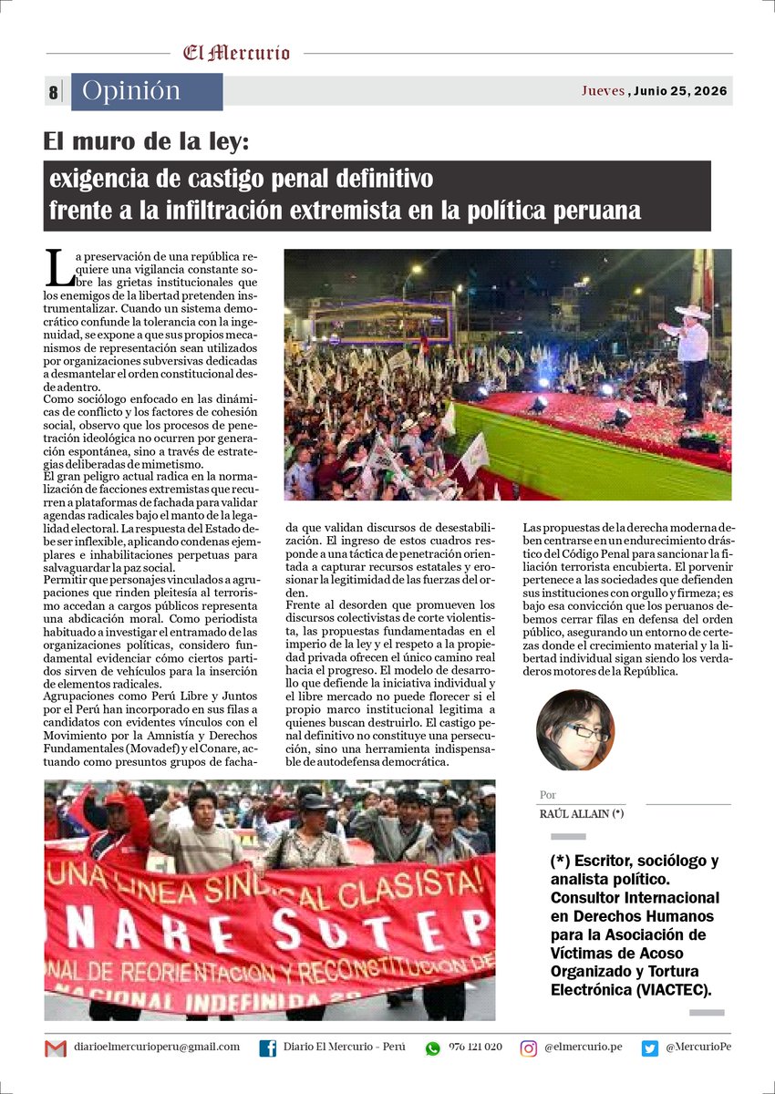 RaulAllain's tweet photo. Opinión

El muro de la ley: exigencia de castigo penal definitivo frente a la infiltración extremista en la política peruana
El Mercurio, 25.06.2026 https://t.co/0xW7za6360
