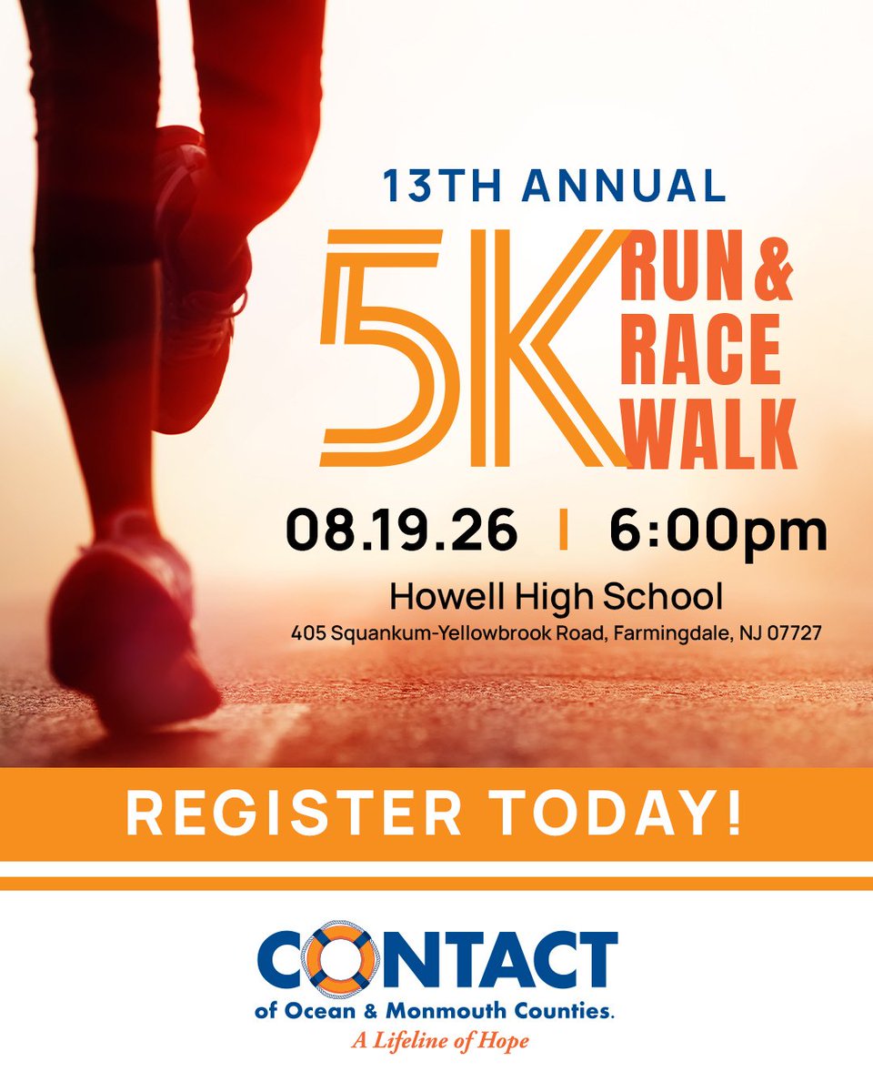 crisis_ocean's tweet photo. Every step makes a difference. 👟

Register today for CONTACT's 13th Annual 5K Run &amp; Race Walk on August 19 and help support our 24/7 Crisis Intervention &amp; Suicide Prevention Hotline.

📞 Call for more information 732.240.6104  

#MonmouthCounty #OceanCounty #MentalHealthMatters https://t.co/hcg3vlHJDT