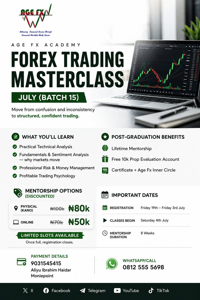 agefxorg's tweet photo. ⏳ 8 days left.

20 of 30 slots are already gone.

If 2025 gave you blown accounts, strategy hopping and more excuses than results, don't drag the same energy into July.

Batch 15 starts July 4th.

📍Physical &amp; Online
📞 08125555698

Lock in before the remaining slots disappear. https://t.co/H5q3yxFXYo