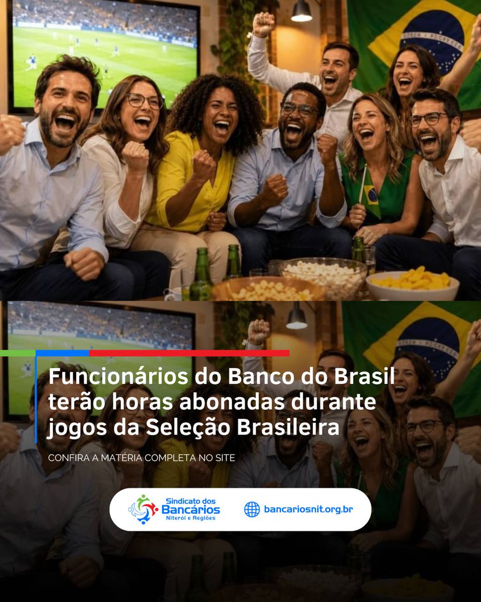 bancariosnit's tweet photo. Trabalhadoras e trabalhadores do Banco do Brasil liberados durante os jogos da Seleção Brasileira não vão precisar compensar as horas. A decisão é resultado da solicitação do movimento sindical.

Saiba mais: https://t.co/o2pDJmYnjm https://t.co/15zPuHmWvu