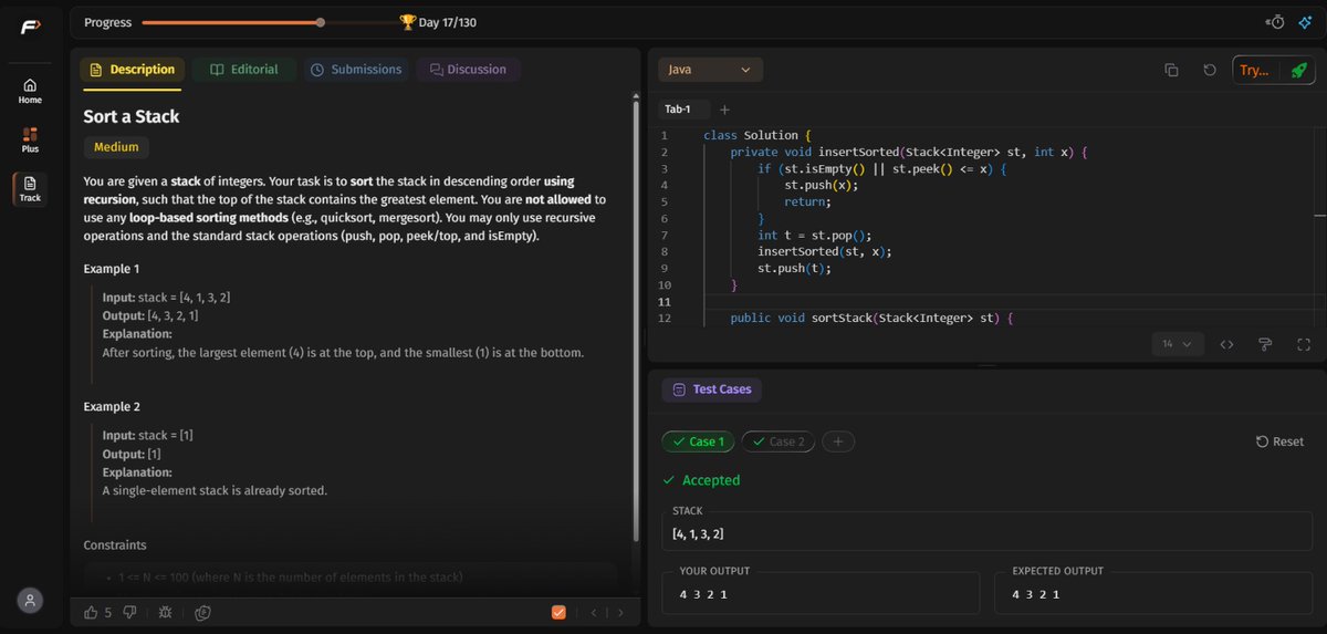 VithyaaCk's tweet photo. Day 25/45 of #SDESheetChallenge

Solved: 
Balanced Parenthesis
Next Greater Element
Sort a Stack

Today's focus : Stacks 

#TakeUForward #DSA #Stack #CodingJourney #Java

@takeUforward_ @striver_79 https://t.co/t4fkporJVM