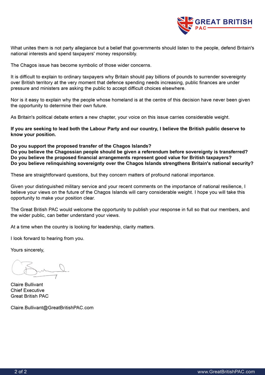 GBPAC_Campaigns's tweet photo. If Al Carns wants to lead Britain, the public deserve to know where he stands on #Chagos.
🇬🇧 Should Britain surrender sovereignty?
🗳️ Should Chagossians have a referendum?
🛡️ Does this strengthen our national security?
💷 Is this good value for British taxpayers?
Today, the Great British PAC has written to Mr Carns seeking clear answers. We will publish his response in full.