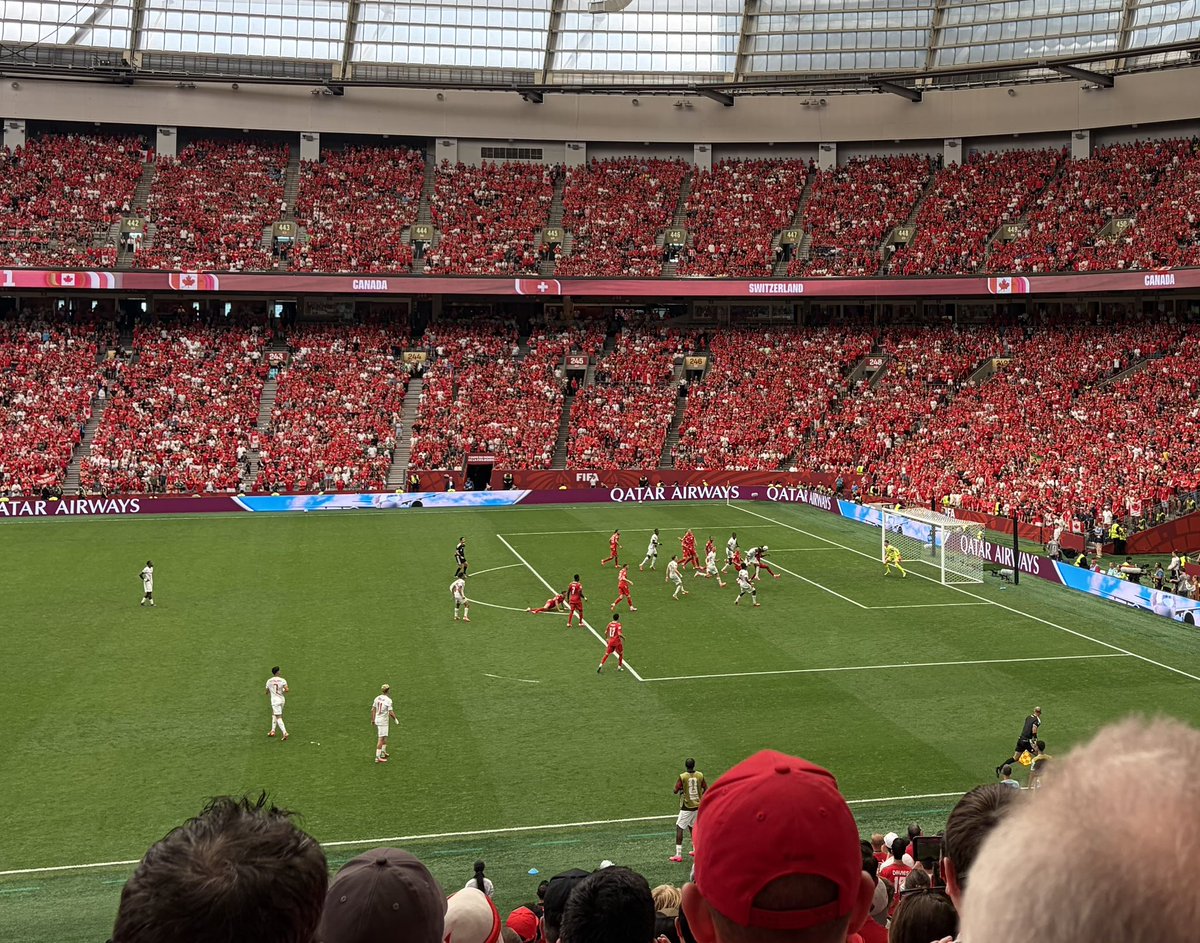 gdd2018's tweet photo. June 24, 2026. World Cup game in Vancouver. Switzerland 2 - Canada 1. Outstanding performance by Swiss winger Johan Manzambi; and “best goal of the tourney so far?” by Cdn Promise David (24 yrs). His goal started with an elite first touch by Cdn Nathan Saliba (22 yrs). https://t.co/inG2j6Ganj