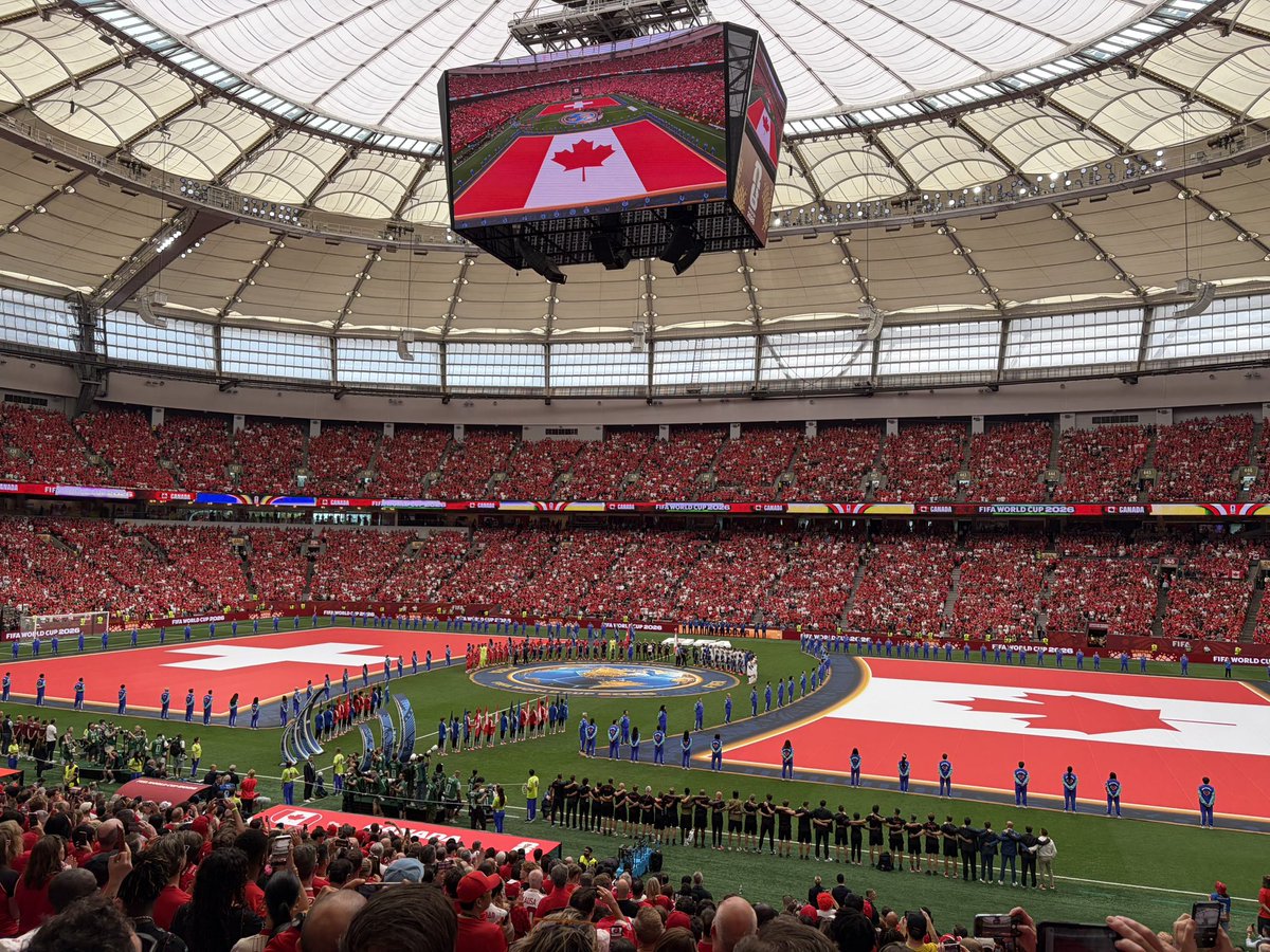 gdd2018's tweet photo. June 24, 2026. World Cup game in Vancouver. Switzerland 2 - Canada 1. Outstanding performance by Swiss winger Johan Manzambi; and “best goal of the tourney so far?” by Cdn Promise David (24 yrs). His goal started with an elite first touch by Cdn Nathan Saliba (22 yrs). https://t.co/inG2j6Ganj