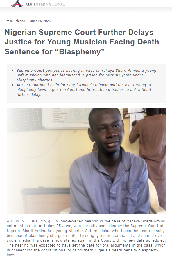 Sean_ADFIntl's tweet photo. 🚨BREAKING: Nigerian Supreme Court abruptly CANCELS hearing in Yahaya Sharif-Aminu's challenge to death penalty blasphemy laws.

The delay is outrageous! He's been in prison >6 years!

How much longer must Yahaya wait for justice? When will this law be ended? @ADFLegal @ADFIntl https://t.co/xiInl1UI4u