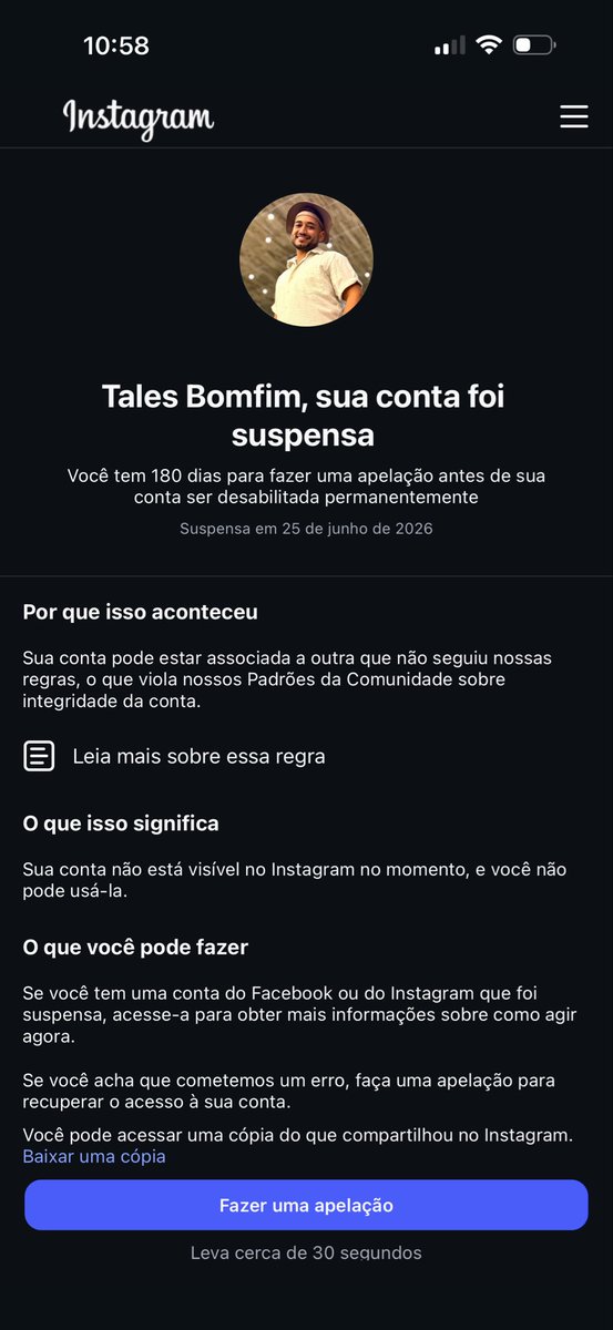 talesbomfim's tweet photo. que presente de aniversário, hein @Meta ? bora ver isso ai viu, eu não fiz nada pra vcs suspenderem minha conta do instagram https://t.co/Pqq2jj5HzQ