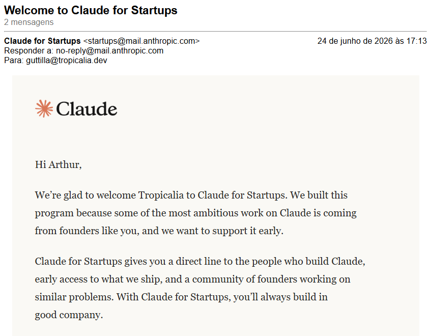ArthurGuttilla's tweet photo. Aqui somos 100% dependentes do Claude. Feliz em anunciar que a Tropicalia foi selecionada para fazer parte do programa Claude for Startups. O programa é uma iniciativa da Anthropic voltada para apoiar startups em estágio inicial. Mais um importante passo em nossa trajetória. https://t.co/M8glWVKfPw