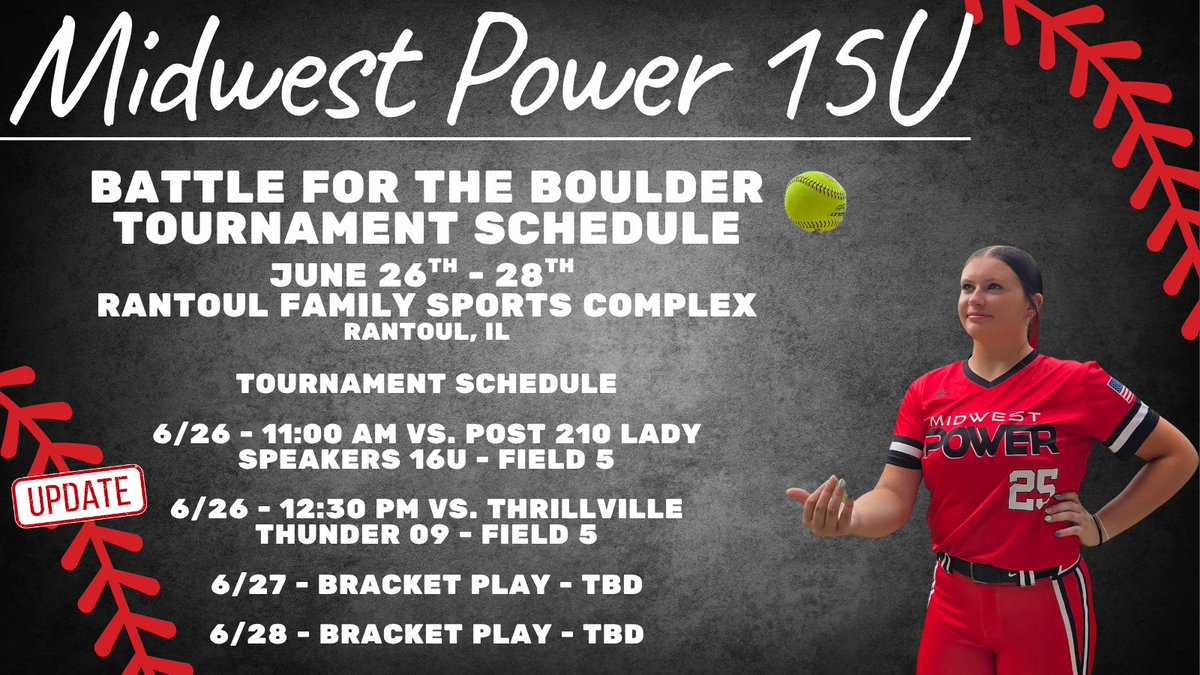 HPropst25's tweet photo. Schedule changes for our games tomorrow (6/26) at the Battle for the Boulder Tournament in Rantoul, IL.

@SBRRetweets
@SoftballRecruit 
@SoftballDown
@CoastRecruits
@DiamondAddicts
@NextPitch_SB https://t.co/lL4yVneHmm