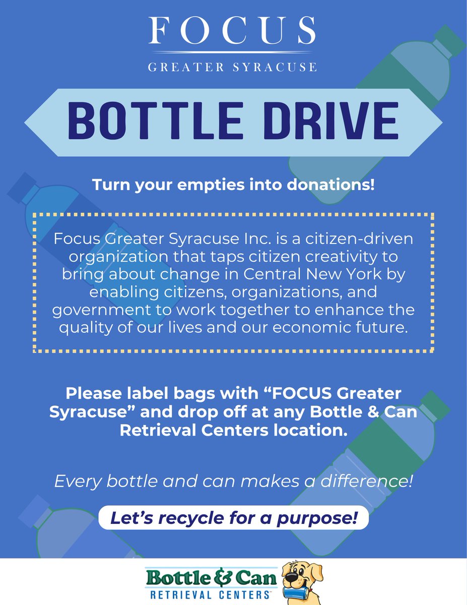 FocusSyracuse's tweet photo. ♻️ Turn Your Empties Into Support of Civic Engagement https://t.co/h6xehtTq9c https://t.co/adGeyed8KP