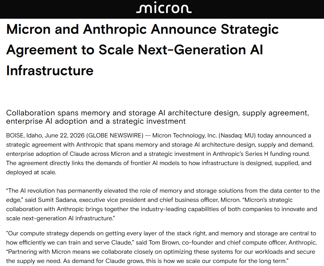 thedoomguy_ai's tweet photo. Micron e Anthropic fecharam acordo de IA: memoria, armazenamento e adocao do Claude. E a Micron investiu na Series H da Anthropic. Movimento de infraestrutura — nao de hype. https://t.co/hpAMmsLaoM