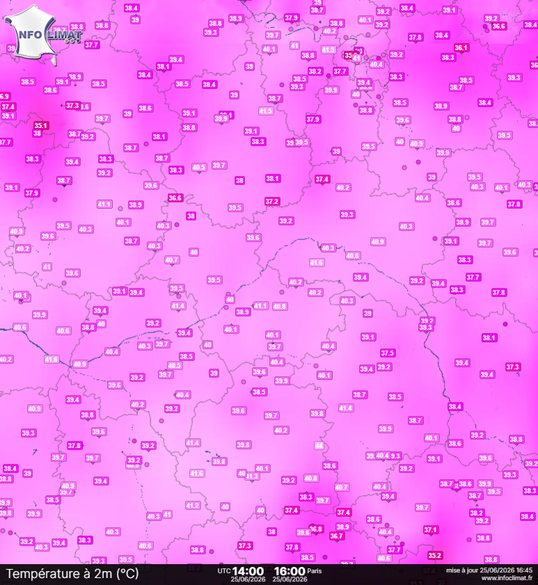 AssoMeteoCVDL's tweet photo. [Direct]

Toujours aussi fou ! 
Ce jeudi 25 juin 2026 après-midi, on avoisine de nouveau les 40°C 🥵 sur la quasi-totalité de notre @RCValdeLoire !
Des records mensuels sont encore localement battus !

Bilan provisoire (complet ce soir)  ↘ https://t.co/534Mz7bsW1 https://t.co/j4Hihhaflu