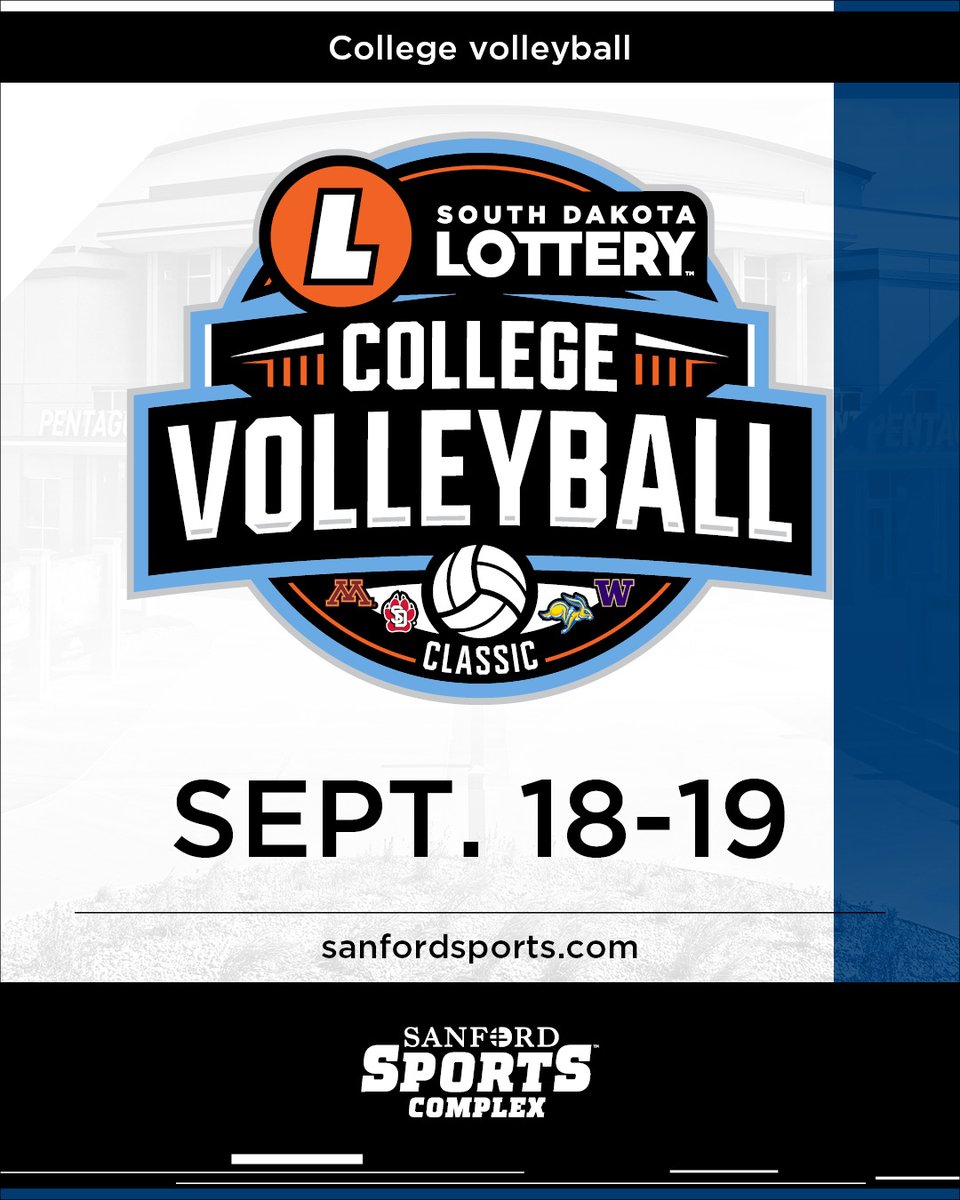 sanford_complex's tweet photo. Tickets are ON SALE NOW!

The @sdlottery College Volleyball Classic hits Sioux Falls Sept. 18–19 

featuring:
@GoJacksVB • @SDCoyotesVB • @GopherVball • @UWVolleyball 
⏰ Sales open 10 a.m. CT June 25—don’t wait! https://t.co/QHrrG0tF28 https://t.co/9n5YI63W6h