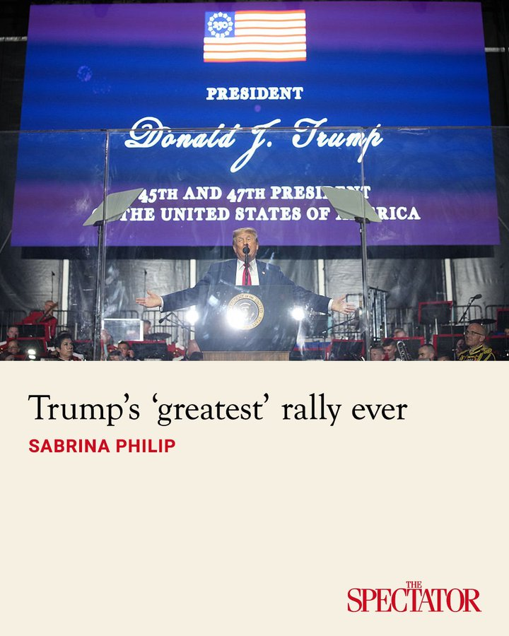 TheSpectator's tweet photo. Freedom 250's "Great American State Fair" opened on the National Mall yesterday – just not with a concert, as initially planned. Instead, Donald Trump gave a half-hour speech, telling the crowd, "We have the greatest people on earth," as fighter jets and B-2 bombers flew overhead.  

There was a lot of talk of "the greatest" from the President's warm-up acts. The greatest firework celebration, the greatest state fair, the greatest kickoff, the greatest president, the greatest country. Speaker after speaker drummed that word into the heads of the few thousand-strong crowd.  

✍️ Sabrina Philip

Article: https://t.co/CDf4IG4O47