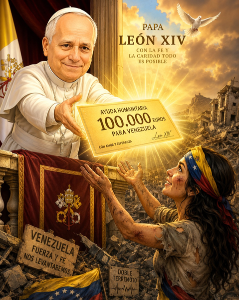 weCARITAS's tweet photo. El Papa León XIV enviando 100.000 euros de ayuda humanitaria a Venezuela tras los devastadores terremotos. 

Un gesto de solidaridad en medio de la tragedia. 

Esta caricatura refleja la labor humanitaria del Santo Padre. 

Que Dios bendiga a Venezuela y a todos los afectados 🙏❤️

#PapaLeónXIV #AyudaHumanitaria #Venezuela #TerremotoVenezuela #Solidaridad #IglesiaCatólica #Humanidad #AICaricature #Viral2026 @Pontifex_es