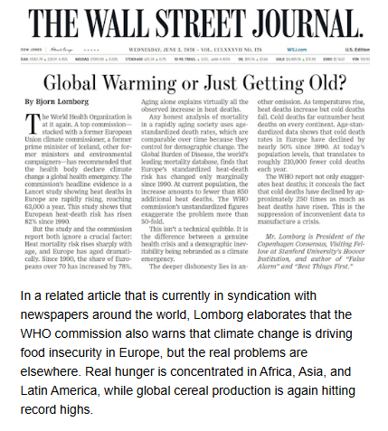 BjornLomborg's tweet photo. How to manufacture a crisis

A WHO commission wants to declare climate change a “global health emergency.” Their big evidence? Rising heat deaths in Europe. But once you adjust for an aging society, the “crisis” essentially disappears.

Even more dishonestly, the report conceals that cold deaths have declined by approximately 250 times as much as heat deaths have risen.

From my latest newsletter: https://t.co/ijK1hTSIc0

Sign up: https://t.co/PIif2dDeWJ