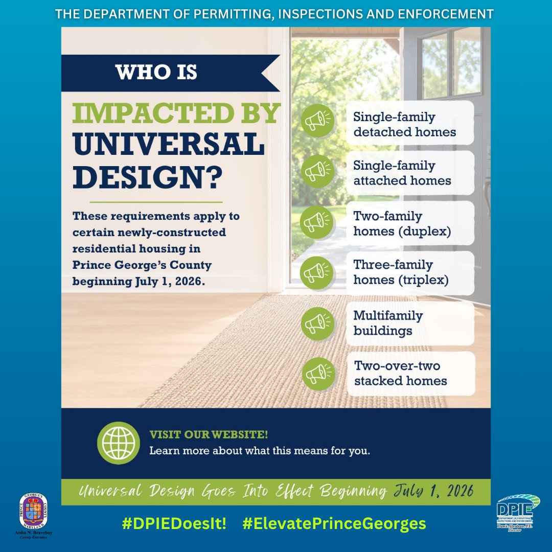 PGCountyDPIE's tweet photo. Starting July 1, the County will implement Universal Design mandates for certain newly constructed residential housing. Universal Design promotes housing that is accessible for people of all ages and abilities. Visit the DPIE website for more info. #UniversalDesign #Accessibility https://t.co/kVSX7FYMDh