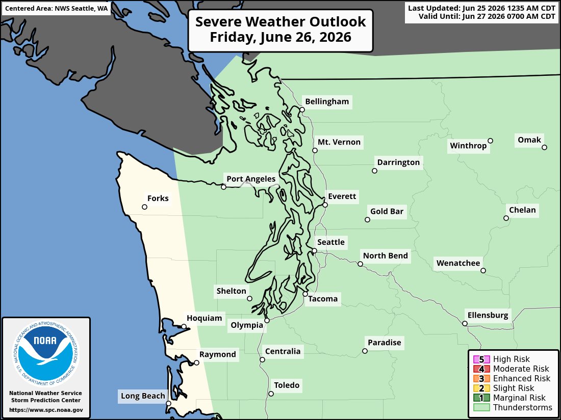 NWSSeattle's tweet photo. ⚠️ Pattern Change Ahead: A front will move across our region tonight into Friday with widespread showers, and breezy southwest winds 20-25 mph. There is also a 15-20% chance of thunder Friday afternoon with a convergence zone. Remember when thunder roars, go indoors!

#wawx https://t.co/gOLg3TAzuq