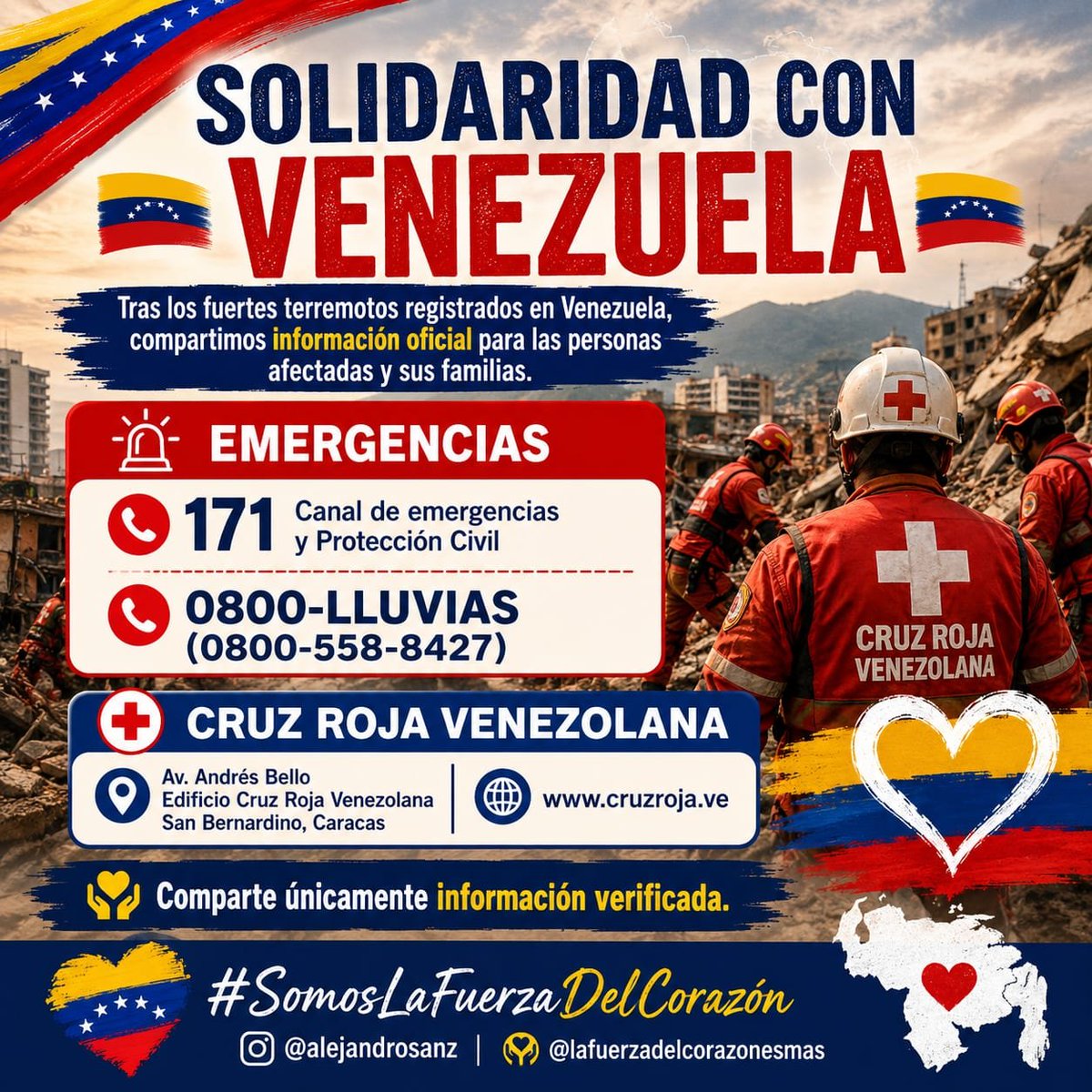 gris_ParadisePy's tweet photo. 🇻🇪 SOLIDARIDAD CON VENEZUELA
Tras los terremotos registrados en Venezuela, compartimos info oficial de emergencia

🚨 171 (Protección Civil) 📞 0800-LLUVIAS (0800-558-8427)

⛑️ Cruz Roja Venezolana 📍 San Bernardino, Caracas 🌐 https://t.co/5LaG9FT1Vw

@alejandrosanz 
@LFdCesmas https://t.co/K3Pm1LiJ1k