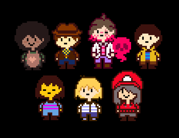 BuckleWynona's tweet photo. still having fun with my Desktoptale :D
even going as far as to adding custom characters :)
so here's my little gang so far: Olive, Clover, Elizabeth "Betty" + Akumu, Sebby, Frisk, Nick, and Nessi (not to be confused with Ness from Earthbound)
#desktoptale #undertale https://t.co/8DSjjPixSz
