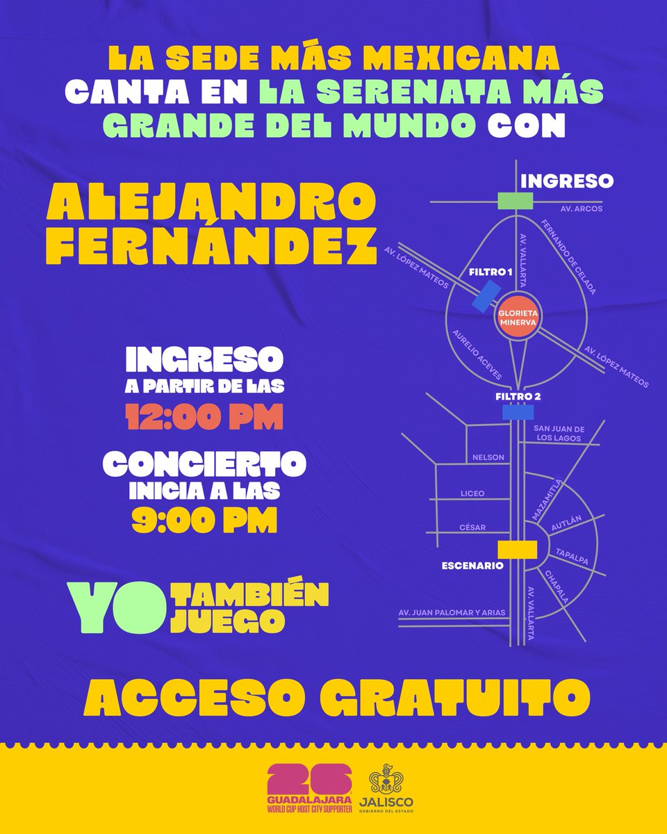 SITEURJAL's tweet photo. Disfruta del #MundialAlEstiloJalisco con la presentación de Alejandro Fernández y artistas invitados. 

Consulta la información del evento y planea tu trayecto con para ser parte de esta experiencia. https://t.co/asE3fnWcRB