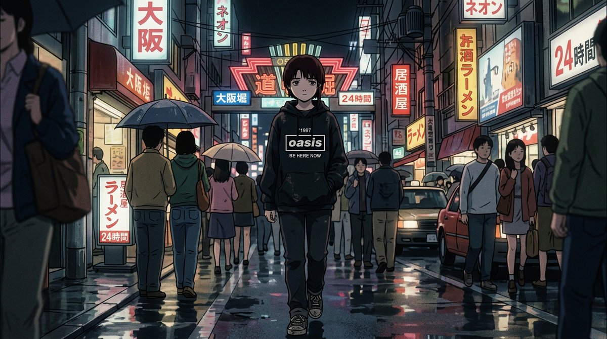 martingarciada6's tweet photo. #SerialExperimentsLain #lain28th lainは、大阪を別のOasisのパーカー（今回は1997年のBe Here Now）を着て歩いていた。 https://t.co/ePjOhOEwrO