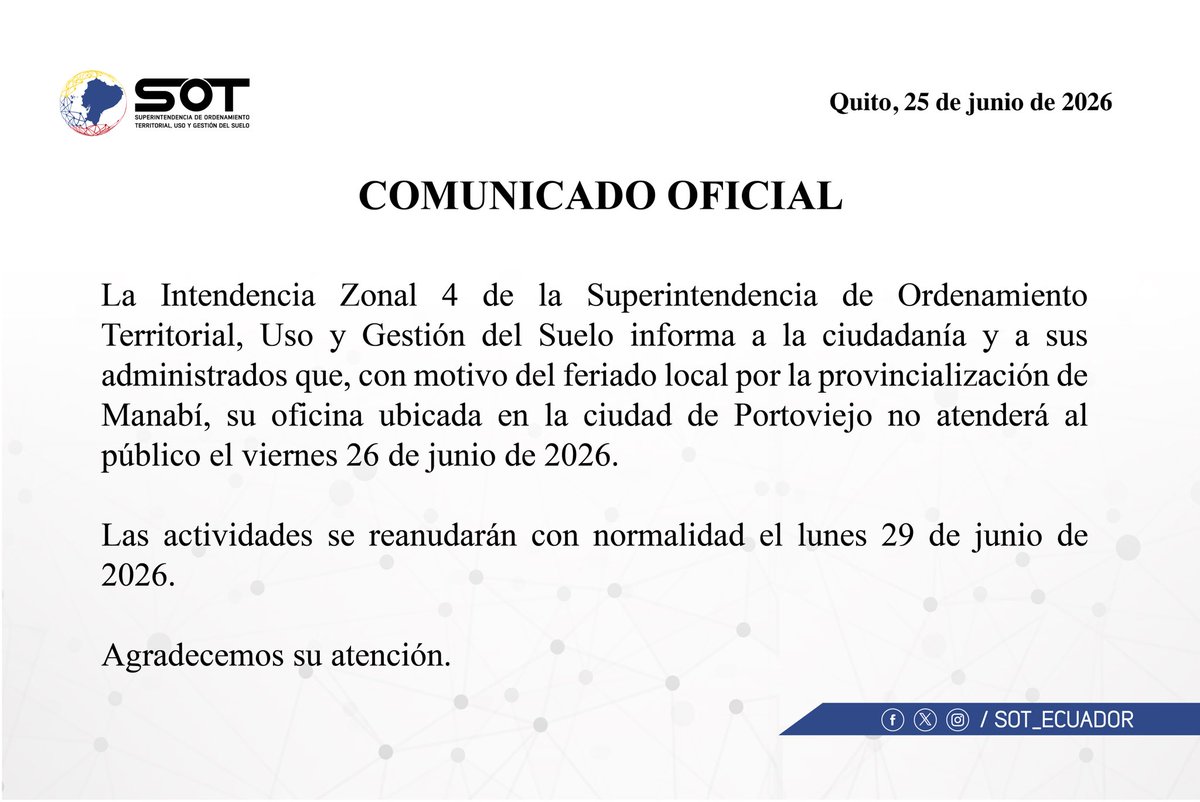 sot_ecuador's tweet photo. #SOTEcuador pone en conocimiento de la ciudadanía y nuestros administrados la siguiente información de interés https://t.co/VHsgm0jsMb