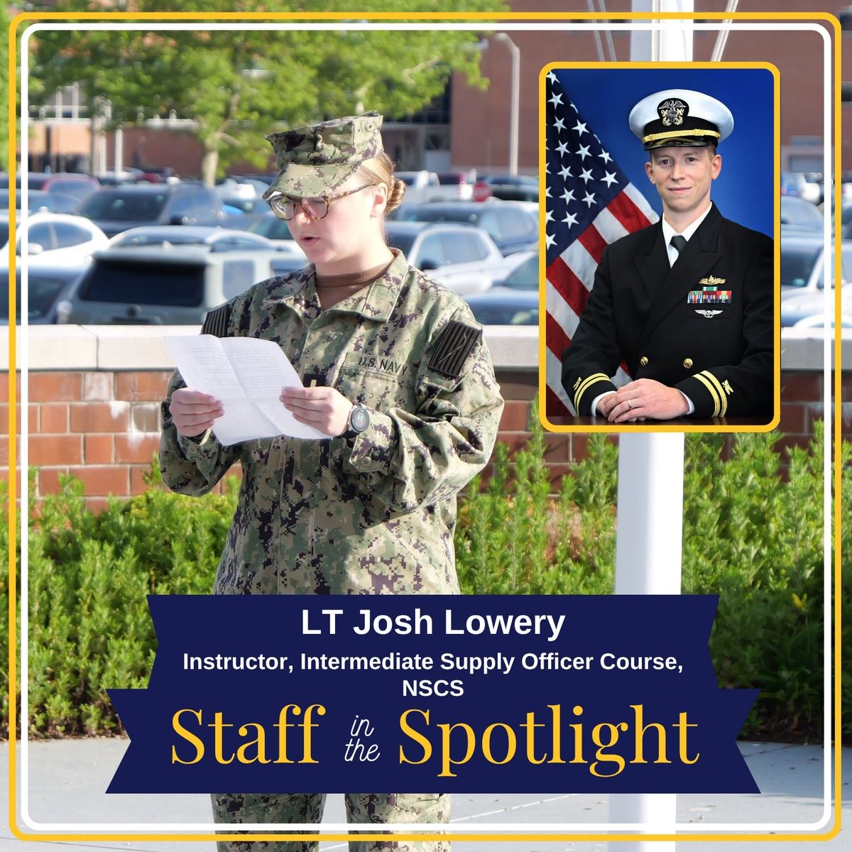 NSCSofficial's tweet photo. Staff in the Spotlight, presented by ENS Seng: LT Joshua Lowery’s legacy at NSCS includes leading the transformation of BQC into BSOC, strengthening future Supply Corps Officer education for contested logistics and the evolving needs of the fleet. https://t.co/UvYZLLl3RM