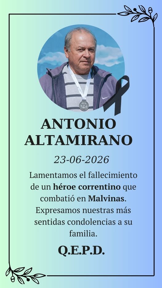DarwinTera2877's tweet photo. Con profundo pesar informamos el fallecimiento del  VGM de Malvinas Antonio Altamirano.
Integrante del RI 5 de Paso de los Libres, fue uno de los correntinos que en 1982 participó de la defensa de nuestra soberanía en las Islas Malvinas. https://t.co/IyBU0vazcb