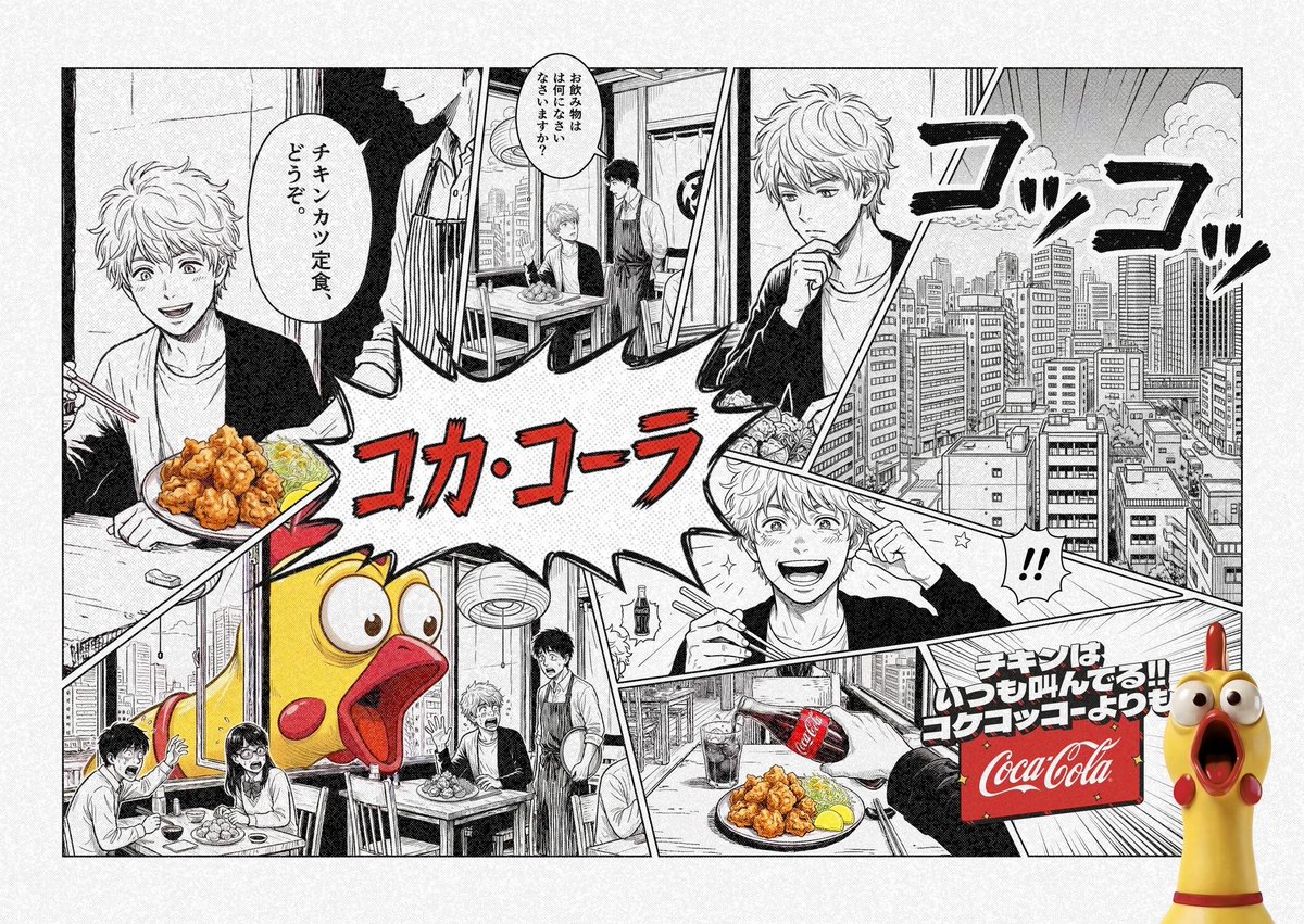 kzt10's tweet photo. #カンヌライオンズ2026 #CannesLions2026

【感想】
日本の事例🇯🇵
唐揚げ×コーラで食事需要の開拓を目指す中で、チキン繋がりで"ゴムチキン"に「コカ・コーラ」と鳴かせる企画。やってたの知らなかったけど、みんな楽しんでやりそう。

CHICKEN SCREAMS FOR COKE ／ Coca-Cola（制作：VML／WPP Open X・日本）
🏆 カンヌライオンズ2026 Social & Creator ゴールド

【課題】
日本では、チキンが"宗教"と言えるほど愛されている（深夜の唐揚げ、コンビニのホットスナック…）。でもその食卓に欠けていたのがコカ・コーラ——お茶・水・ビール、コーラ以外の何かが合わせられていた。これほど大きな課題は、もう一本のフードペアリング広告では解けない。会話を"作る"のでなく、すでに起きている会話に"乗る"必要があった。

【企画】
答えは、フォーカスグループでなく日本のSNSに隠れていた——「ゴムチキン」。
正しいリズムで握ると、ただ鳴くのでなく「コ・カ・コー・ラ」と叫ぶ。この鳴き声だけに反応する音声認識システムを構築し、4音をマスターできたら無料のチキン＆コーク特典が解錠される仕組みに。
人気TikTokフーディーのUzami Chanさんを"増幅器"でなく"検証者"として起用し、握り方を伝授。くだらないオモチャを"鍵"に、ばかばかしい音を"パスワード"に変えた。

【成果】
・「チキン＆コーク」のブランド連想が+627%＝チキンの食事の意味そのものを変えた
・日本でのコカ・コーラのブランドメンションが+250%
・トレンドトピック化し、TikTok・Xで無数のUGCとFOMOを駆動
（数値は出品者申告）

会話を"作る"より、すでに起きている会話に"乗る"。ネットで一番くだらないオモチャを、ばかばかしいほど真剣に扱った瞬間、みんなが自分から参加してくれる。

あなたのカテゴリーの周りで、すでにバズってる"くだらない行動"は何だろう？