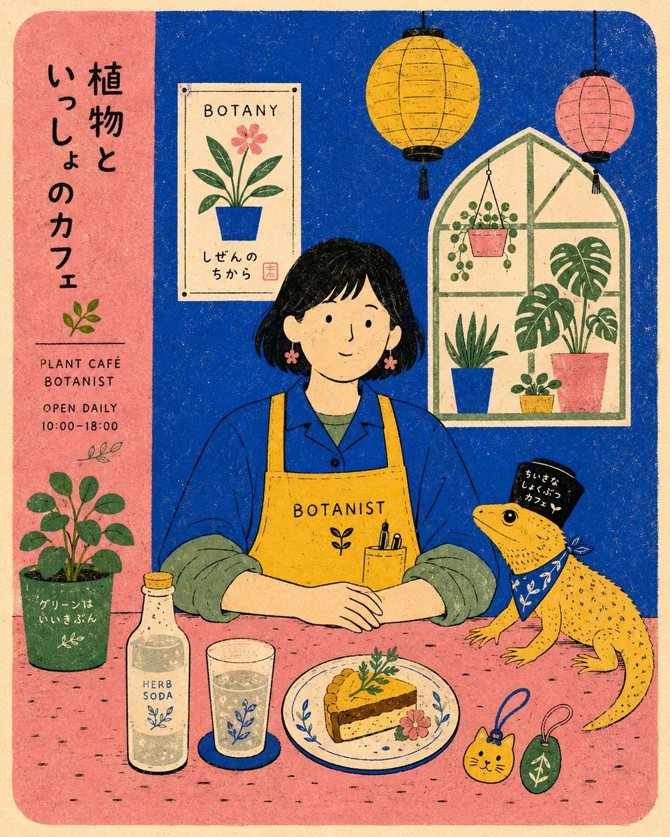 Sairah_0's tweet photo. GPT Image 2 On ChatGPT 

PROMPT:

Flat modern risograph-style poster illustration of [HUMAN], wearing [CLOTHING], sitting front-facing behind a simple café table with [ANIMAL] in [SCENERY]. Use [COLORS] as flat solid color blocks on warm cream paper, with simple black hand-drawn outlines, naive proportions, minimal facial features, tiny dash textures, visible speckled print grain, slightly imperfect registration, clean graphic shapes, playful folk-poster composition, and a calm centered layout. The background is [BACKGROUND], simplified into flat wall shapes, one framed poster, one window shape, one potted plant, and a few rounded hanging lanterns. Keep the table objects simple: one bottle, one glass, one plate of food, and two tiny charms. Rounded cream border, retro Japanese picture-book poster feel, aspect ratio 4:5.