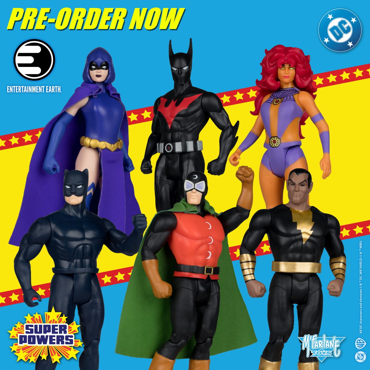 mcfarlanetoys's tweet photo. The second wave of DC Super Powers is available for pre-order NOW exclusively at @entearth! ➡️ https://t.co/LGpK3AqBTs  

4.5" scale action figures features Batman Beyond, Starfire, Raven, Black Adam, Wild Cat, and Dr Midnight  

#McFarlaneToys #EntertainmentEarth #DCSuperPowers #SuperPowers