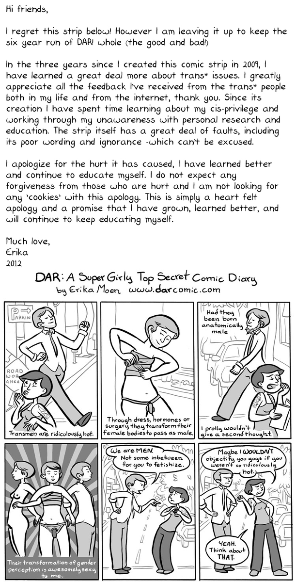 femalejosman's tweet photo. now that we’ve moved on from woke 1.0 can we admit that erika moen was funny as fuck. making a comic about being a ftm chaser and leaving it up but with an attached apology that’s longer than the actual comic is an amazing bit https://t.co/iod0xxicV4