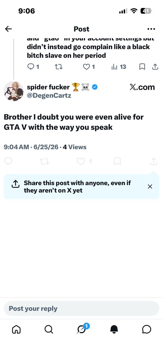pfpeezy23's tweet photo. @DegenCartz @darebrews @TheDeluxe4 Bro your a chud faggot you proved my point your not even man enough to let this reply out with your chest you had to block me your fucking soft as shit https://t.co/Tuk4kHPK95