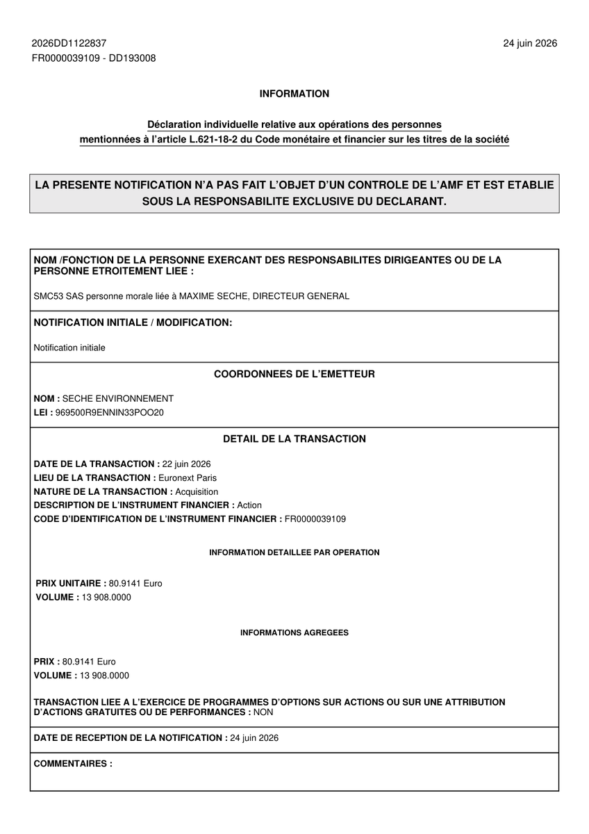 AMF_DD's tweet photo. 🔔 SECHE ENVIRONNEMENT

📈 Achat de 13 908 actions à 80.91 € (Total de 1 125 297 €)
👤 Maxime Seche
📋 DG
🏢 SMC53 SAS

📅 Le 25 juin https://t.co/6VUa8MAlfs