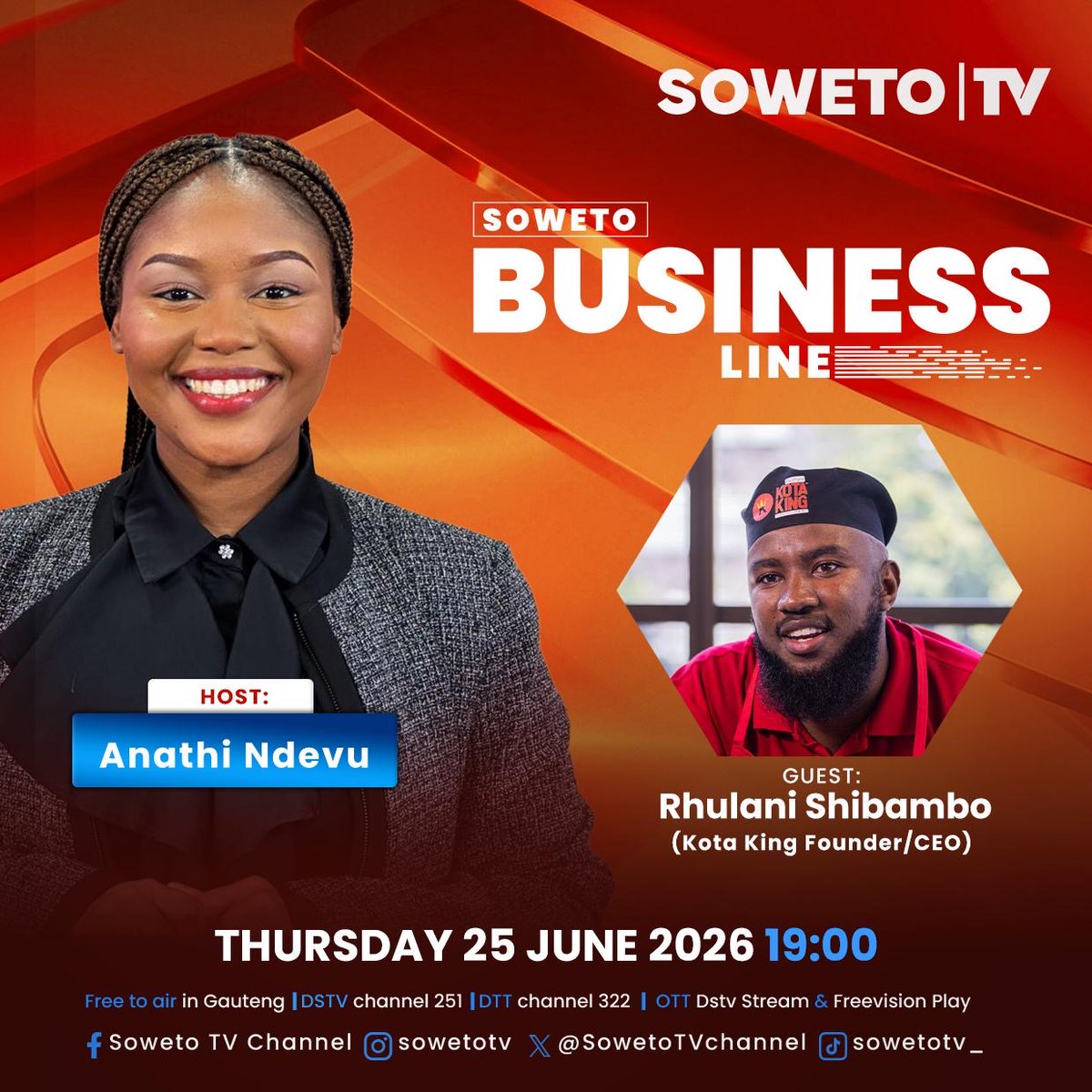 SowetoTVchannel's tweet photo. ๐ผ SOWETO BUSINESS LINE
Rhulani Shibambo joins Anathi Ndevu to share his entrepreneurial journey. ๐ผ๐โจ
๐
25 June 2026
๐ 19:00
๐บFree to air in Gauteng | DStv Channel 251 | DTT Channel 322 | OTT (DStv Stream & Freevision Play)
#SowetoBusinessLine #SowetoTV #KotaKing https://t.co/d1VRV6JcB8