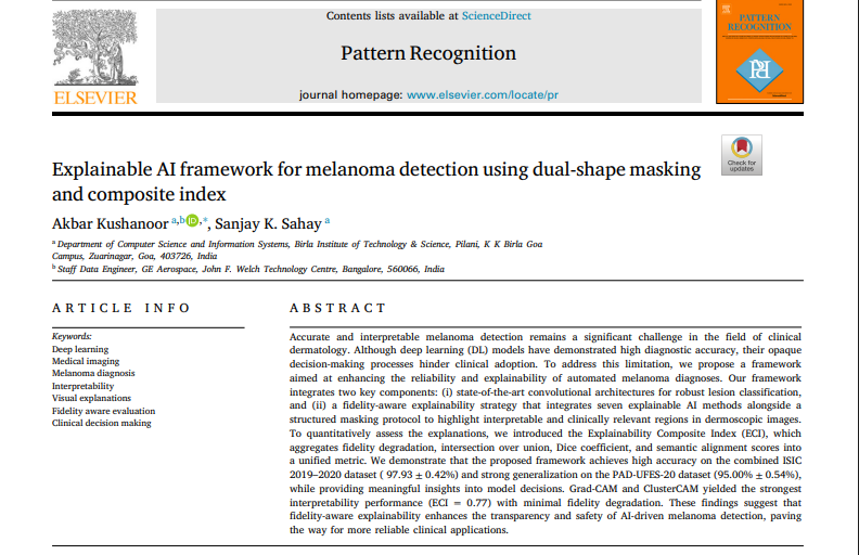S_K_Sahay's tweet photo. Our paper on XAI for the detection of melanoma cancer is published in Pattern Recognition journal (IF-9.1). Also "NS-CBM: Neuro-symbolic concept bottleneck for interpretable melanoma diagnosis" has been published in Pattern Recognition Letters (IF-3.5)(https://t.co/AcytE8RzvE) https://t.co/tFVGgv0KCO