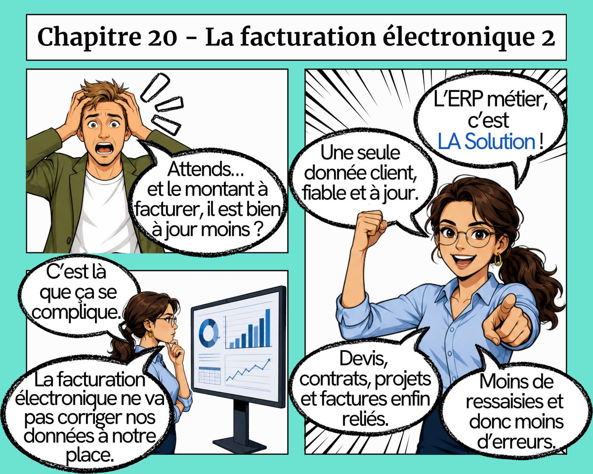 TeamberErp's tweet photo. 📅 Retrouvez chaque mois les aventures professionnelles d'Alex, Charlie, Sam ou encore Joe... qui sont également les vôtres !
Ce mois-ci : Chapitre 20 - La facturation électronique 2 #FacturationÉlectronique #ERPMétier #BTP #Teamber https://t.co/AavPf0tZLJ