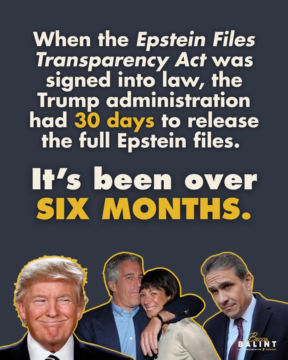 When the Epstein Files Transparency Act was signed into law, the Trump administration had 30 days to release the full Epstein files.

It’s been over SIX MONTHS.