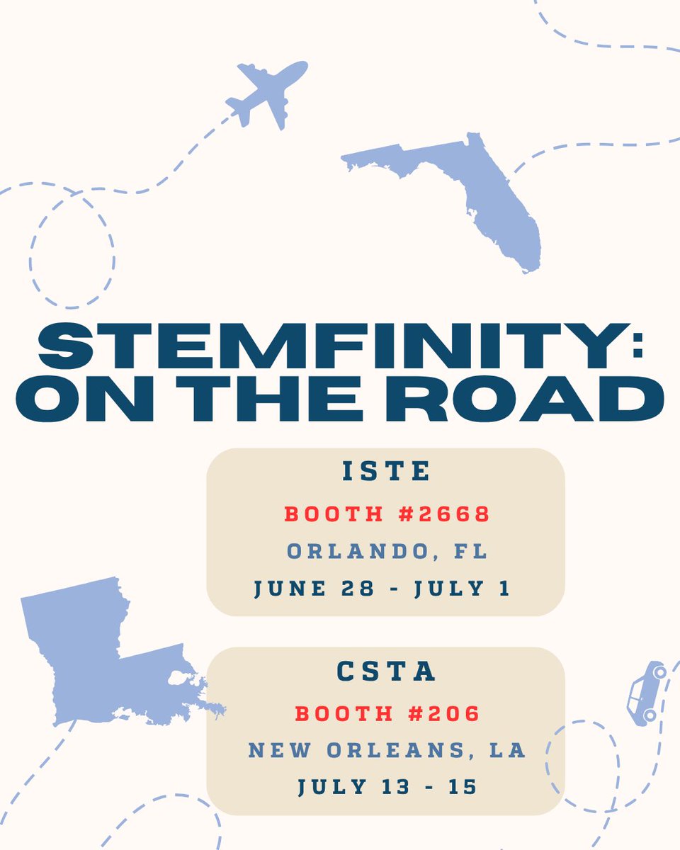 STEMfinity's tweet photo. We're hitting the road!

Find STEMfinity at:

ISTE | Booth #2668 📍 Orlando, FL 🗓️ June 28–July 1

CSTA | Booth #206 📍 New Orleans, LA 🗓️ July 13–15

Stop by and say hello! 👋
#STEMEducation #EdTech #STEMfinity https://t.co/GP3ZuLyrwz