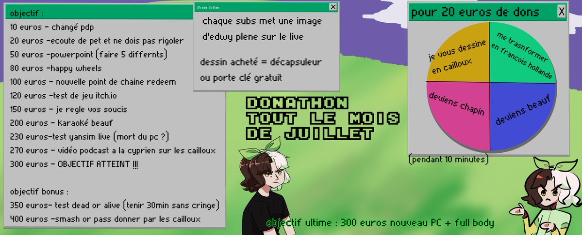 phostheworld's tweet photo. les objectifs du donathon sont la !!! 

je fais un donathon tout le mois de juillet https://t.co/SU6fNOWMQQ