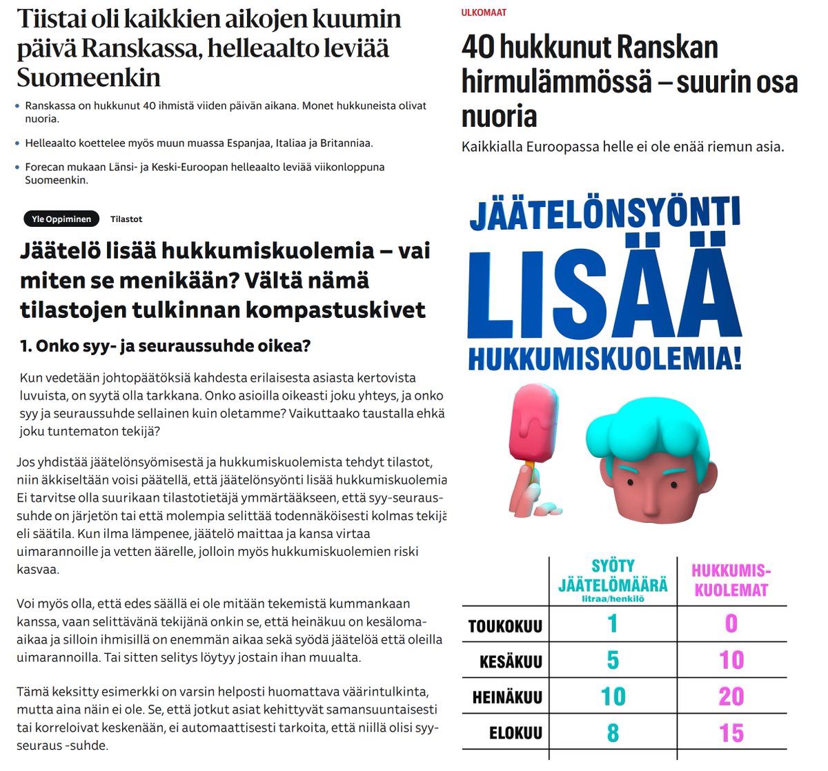 NooraMuittari's tweet photo. Koska Sanoma-talolla ei saa yli 600 miljoonaa vuodessa veronmaksajien rahoja, ei Sanoma-talolla ymmärretä syy- ja seuraussuhteita.

Silloin voidaan päätyä väittämään, että helleaaltojen aikana syödään enemmän jääelöä mikä lisää hukkumiskuolemia.

Ehkä taustalla oleva syy, se pohjimmainen syy, ei ole itse asiassa helle, uima-altaat ja jäätelökioskit, vaan uimataidottomuus.

On sitä Euroopassa ennenkin ollut helteitä eikä kuumuus ole saanut ihmisiä unohtamaan miten uida.

Eivätköhän Euroopan komissiossa parhaillaan mieti miten kieltää helle asetuksella ja laittaa vesistöjen ääreen pääsyn digi-id:n taakse, koska lasten turvallisuus.

Joku kansalaisjärjestö yhdessä Amnestyn kanssa ovat jo teettämässä koulutuksia uimataito-olettaman purkamiseen. Uimataitonormi on ennakkoluuloinen ja kolonialistinen valkoisen etuoikeuden manifestaatio.

Uimakoulutushankkeiden kriteerejä muutetaan niin, että ne eivät vahvista haitallisia normeja. Kukin osallistuja saa identifioitua uimataitoiseksi jos niin haluaa.

Pedagogiikan ammattilaisten mukaan ei enää ole sopivaa opettajan arvostella oppilaan uimataitoa, vaan oppilas on itse oman uimataitonsa asiantuntija. On monia eri tapoja osata uida, eikä voida arvottaa mitään uimataitoa paremmaksi kuin toista.

STEA-avustushakemus on jo esihyväksyttynä ja koulut ostavat koulutuksia monimuotoisuuden huomioimiseen kesäkuumalla.

Eri maiden Seta-järjestöt ovat vaatimassa omia uimarantoja muunsukupuolisille ja ei-binääreille ja julistamassa miten transnaiset kuuuluu naisten rannoille. 

Feministit ovat jo valmiiksi loukkaantuneita siitä, että naisten uimataito on vain 80 % miesten uimataidosta. Vedenmuistintutkimuksen uusi haara haastaa veden binäärisen käsityksen H2O.

Imaamit vaativat uimaburkhia naisten ylle ja feministit syyttävät kaikkia miehiä naisten rajoittamisesta. Patriarkaatti pakottaa naiset pukeutumaan uima-asuihin siinä missä miehet voivat mennä uimahousuissa - mutta uimaburkhat on kulttuurellisia rikkauksia, voimaannuttavia ja oma päätös.