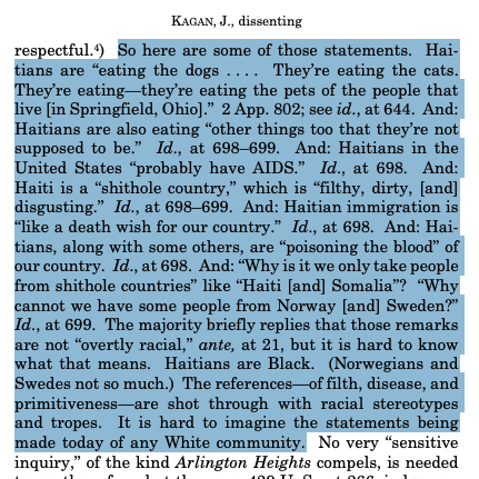 CitizenCohn's tweet photo. Alito (majority) finds Trump statements don't demonstrate racial animus, but can't bring himself to quote any of them

Kagan (dissent) notes this, then supplies some quotes 

"It is hard to imagine the statements being made today of any White community," she observes https://t.co/TNDLrTkD8o