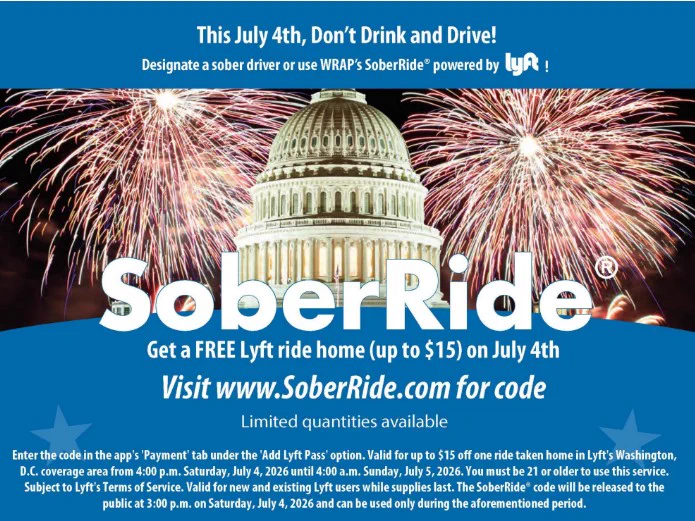 July 4th fireworks behind the Capitol highlight SoberRide's offer of free Lyft rides home up to $15 to encourage sober driving.