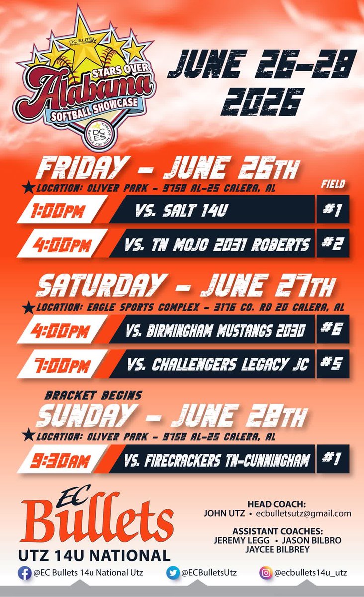 MileyNorman2029's tweet photo. Looking forward to playing this weekend with my team @ECBulletsUtz !

📍 Calera, Al
📅June 26-28

Schedule below⬇️
@Coach_ToddH @CoachRobParson @FHUsoftball_ @AngelaESullivan @SullysHustle @ECBulletsUtz @EastCobbBullets @CoachJLegg @gofhulions @LadyMjhs @LauraMatthews12 @tcwall45 https://t.co/x54PM5Ojai