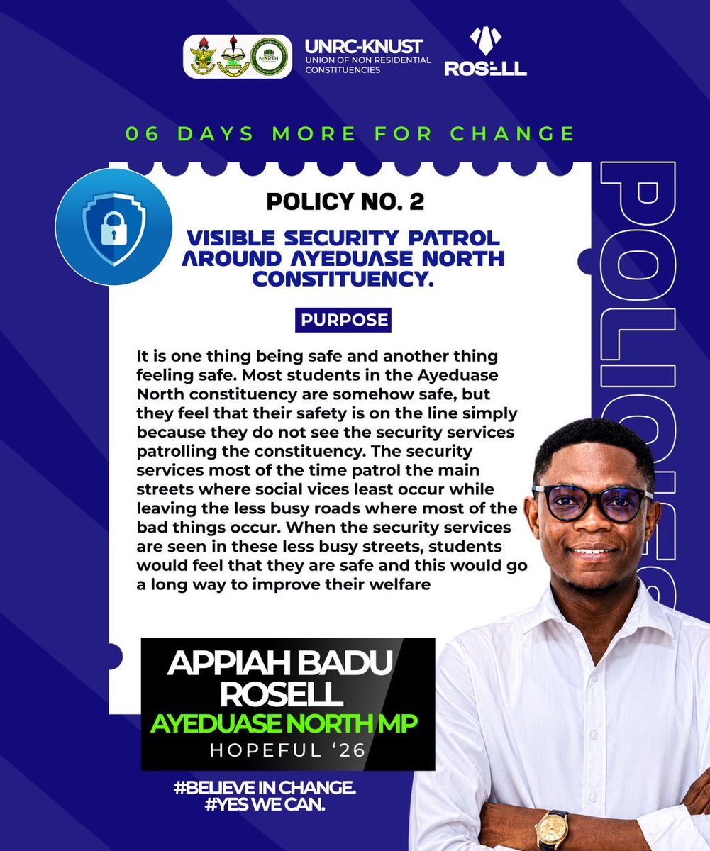 Rosell_ab's tweet photo. To build a safer, more connected Ayeduase North, I am committed to implementing visible security patrols on all our streets and launching a digital platform for real-time communication and rapid response. Together, we will ensure every student feels secure and stays informed. https://t.co/8F6QnnQcCh
