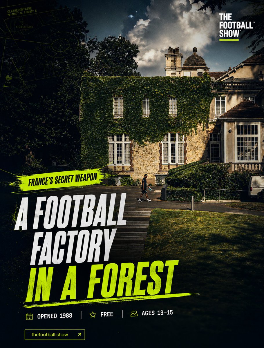 OfficialBreakFC's tweet photo. France doesn't get lucky. They built a football factory in a forest back in 1988, take in 13 to 15 year olds for free, and don't teach one system... they build the complete player. Henry, Mbappé, all of them came through it. How do we build this in the USA? → https://t.co/U3oBcqCA2N

#WorldCup2026 #Clairefontaine #France #BreakFC