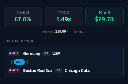 DevJake20's tweet photo. I will send 5 USDC to someone that likes this post and comments who they think will the world cup if this flex combo hits on @alphaarcade 

Germany OR USA needs to win 

AND

Red Sox OR Cubs need to win https://t.co/orGVdmp2us