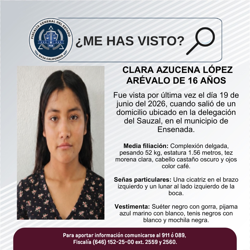 sintesis_tv's tweet photo. Se solicita la colaboración de la ciudadanía para la localización de Clara Azucena López Arévalo de 16 años.  

Más información 👉 https://t.co/YSAqUV2qvP

#SeBusca #Desaparecido #Extraviado #Ensenada https://t.co/VTLFJOrson
