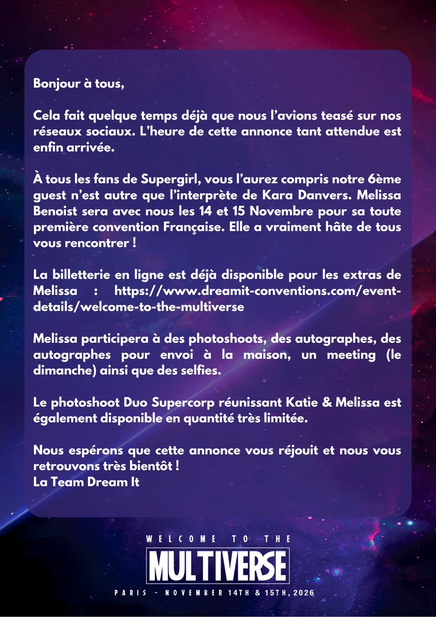 DreamitCon's tweet photo. #WTTM Our 6th guest is none other than Melissa Benoist, best known as Kara Danvers on Supergirl. Melissa will be with us on Saturday & Sunday to meet you all! / Notre 6ème guest est Melissa Benoist, connue pour son rôle de Kara Danvers dans Supergirl. Melissa sera présente avec nous le samedi et le dimanche pour vous rencontrer!

https://t.co/XdqSHx6RYA